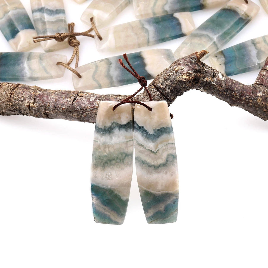 Rare Natural Green Moss Fluorite Curved Rectangle Drum Earring Pair Drilled Matched Gemstone Beads