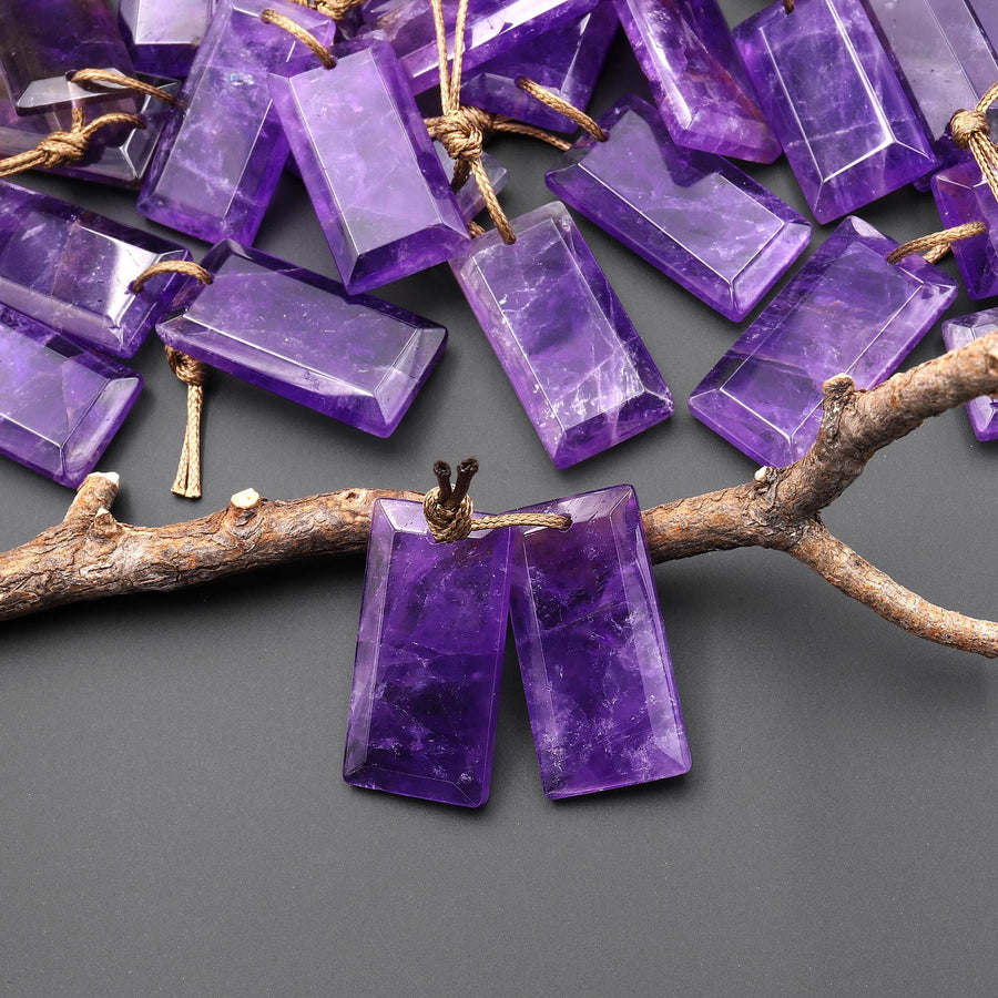 Natural Purple Amethyst Earring Pair Faceted Rectangle Tile Matched Gemstone Beads