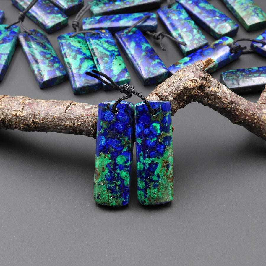 Drilled Natural Azurite Chrysocolla Rectangle Earring Pair Matched Gemstone Stone Beads