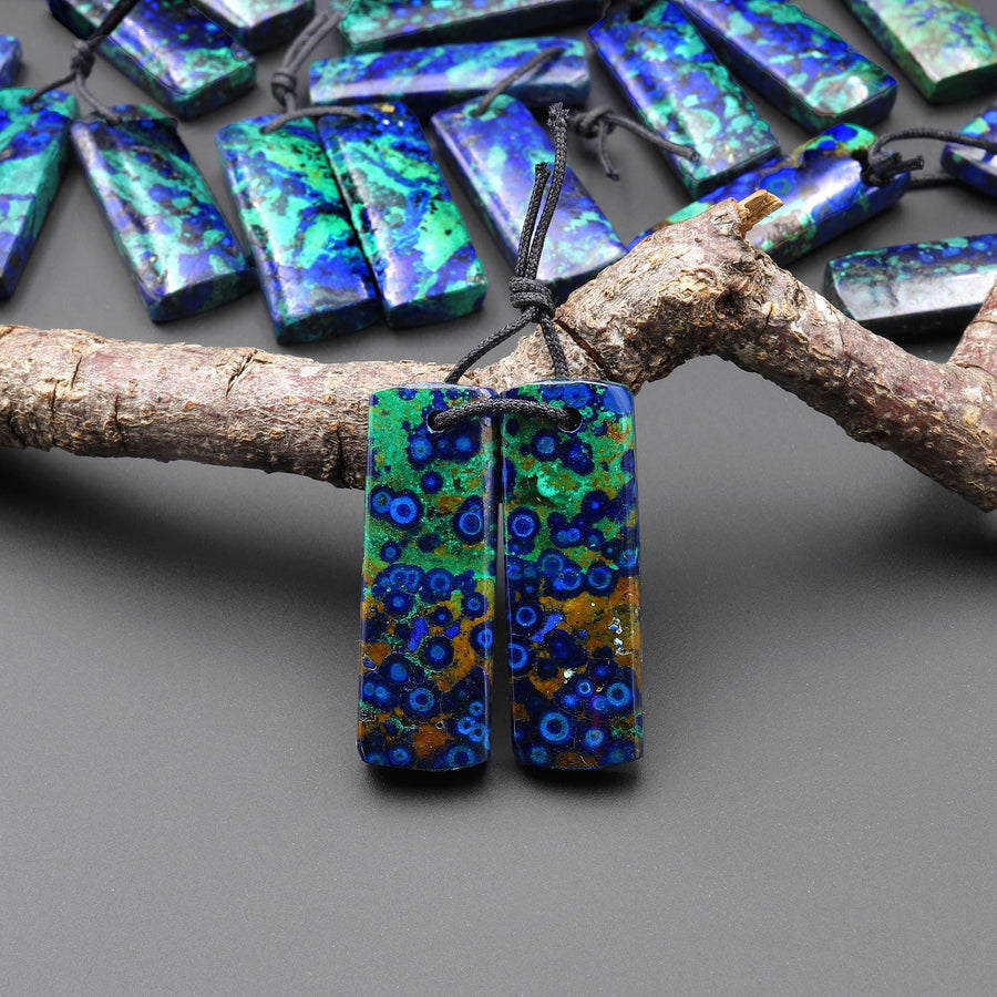 Drilled Natural Azurite Chrysocolla Rectangle Earring Pair Matched Gemstone Stone Beads