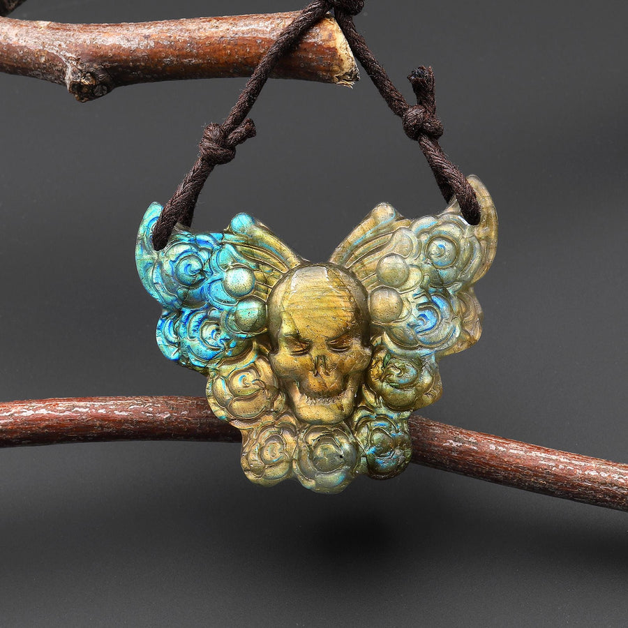 AAA Hand Carved Natural Labradorite Butterfly Skull Pendant 2 Two Hole Gemstone Focal Bead A1