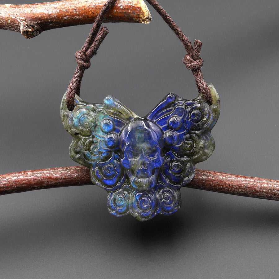 AAA Hand Carved Natural Labradorite Butterfly Skull Pendant 2 Two Hole Gemstone Focal Bead A2
