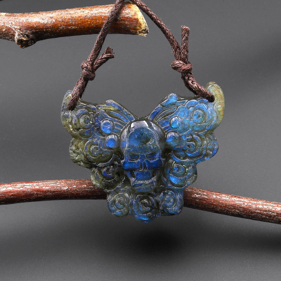 AAA Hand Carved Natural Labradorite Butterfly Skull Pendant 2 Two Hole Gemstone Focal Bead A3