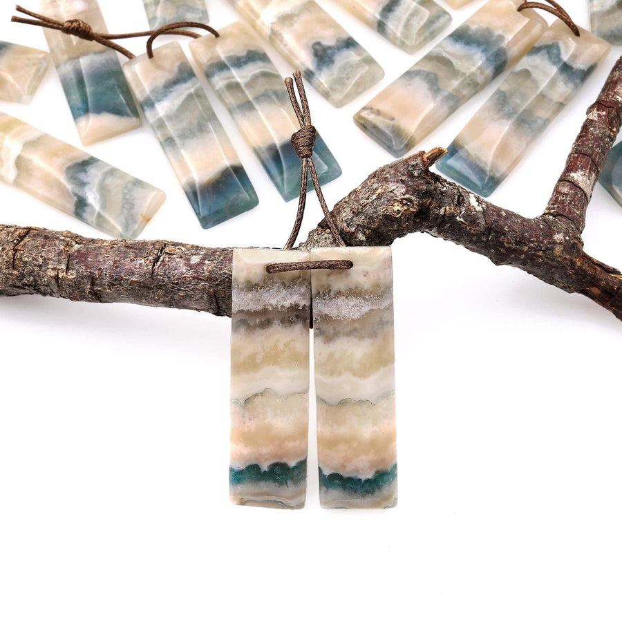 Rare Natural Green Moss Fluorite Rectangle Earring Pair Drilled Matched Gemstone Beads A2