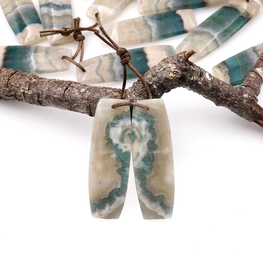 Rare Natural Green Moss Fluorite Curved Rectangle Drum Earring Pair Drilled Matched Gemstone Beads A2
