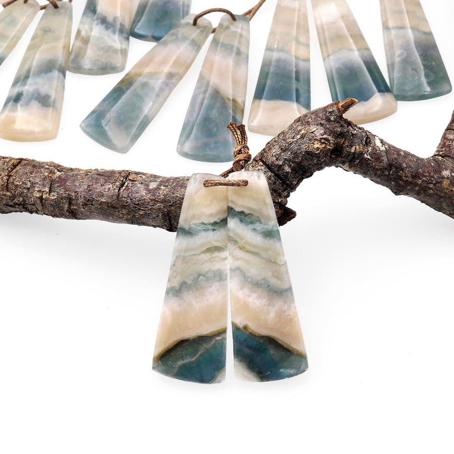 Rare Natural Green Moss Fluorite Curved Long Trapezoid Earring Pair Drilled Matched Gemstone Beads A1