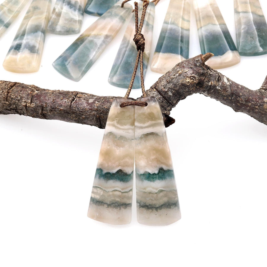 Rare Natural Green Moss Fluorite Curved Long Trapezoid Earring Pair Drilled Matched Gemstone Beads A3