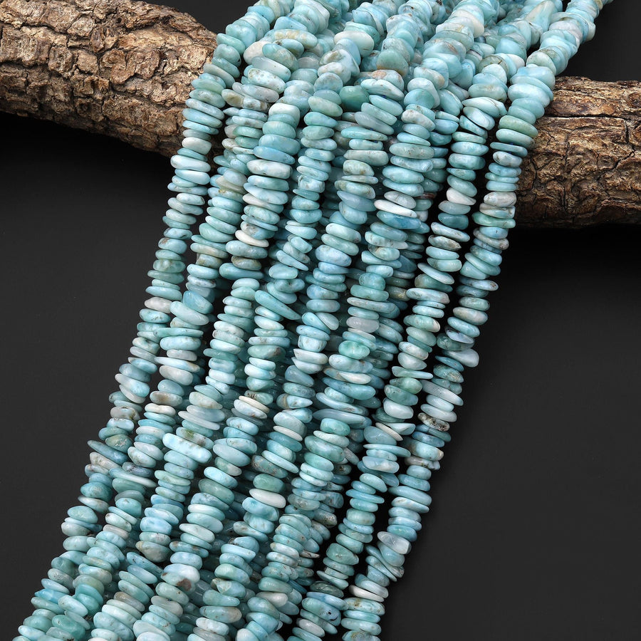 Natural Blue Larimar Freeform Thin Rondelle Chip Beads 15.5" Strand