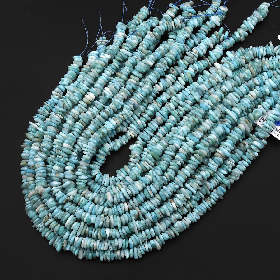 Natural Blue Larimar Freeform Thin Rondelle Chip Beads 15.5" Strand