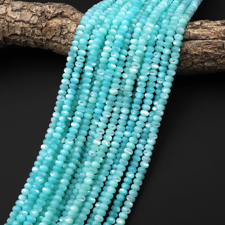 Aqua Blue Green Mother of Pearl 4mm 6mm 8mm Smooth Rondelle Beads 15.5" Strand