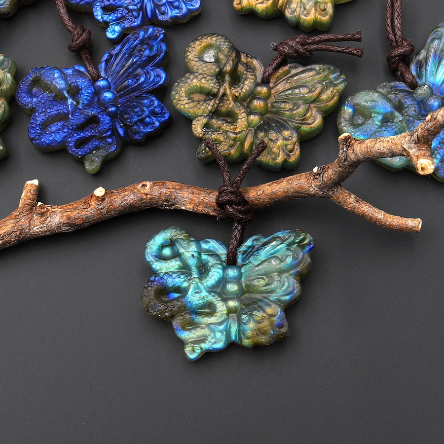 AAA Hand Carved Natural Labradorite Butterfly Snake Pendant Rebirth and Renewal
