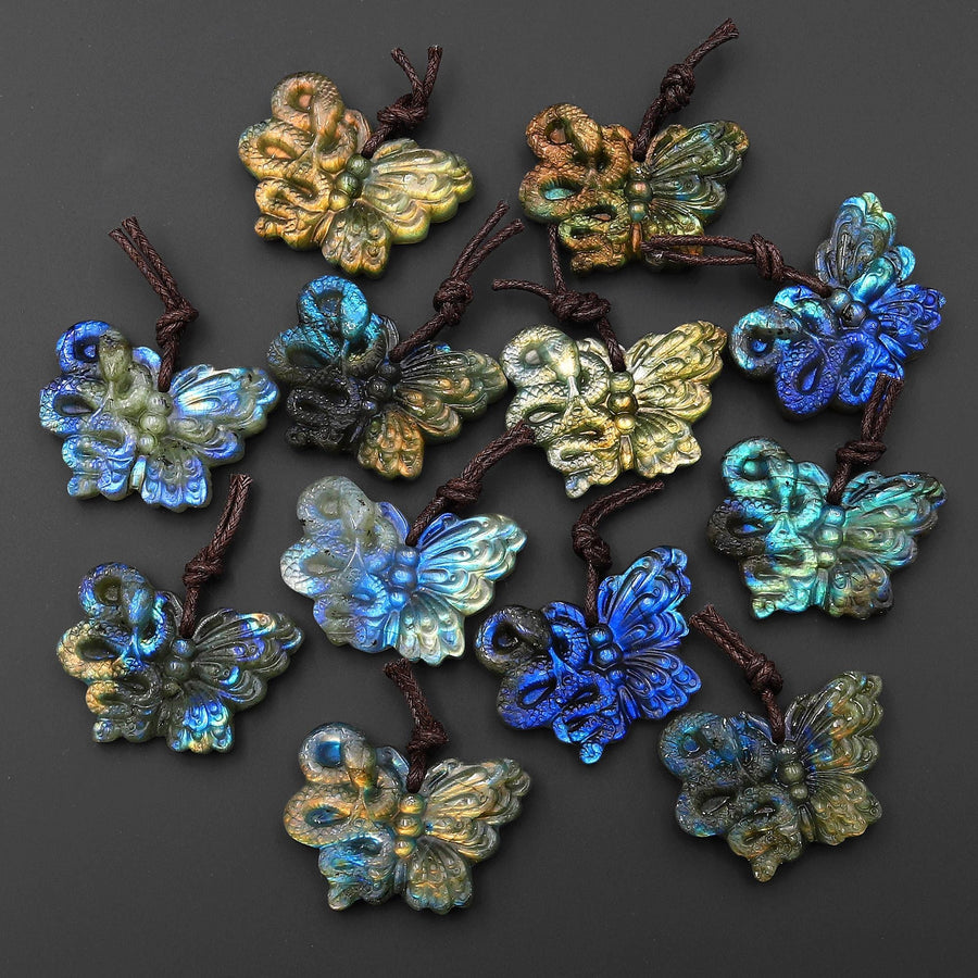 AAA Hand Carved Natural Labradorite Butterfly Snake Pendant Rebirth and Renewal