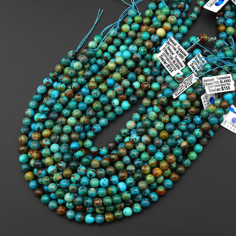 Real Genuine Natural Blue Green Brown Turquoise 6mm 8mm 10mm 12mm Smooth Round Beads 15.5" Strand