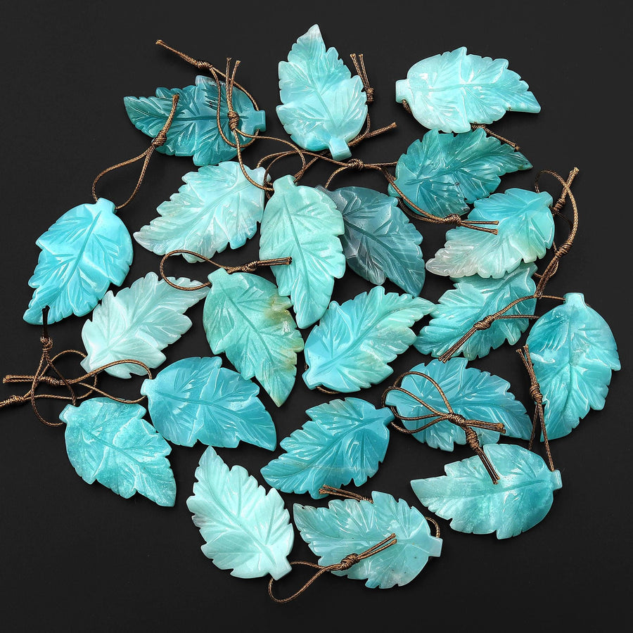 Hand Carved Natural Blue Amazonite Leaf Pendant Focal Gemstone Bead