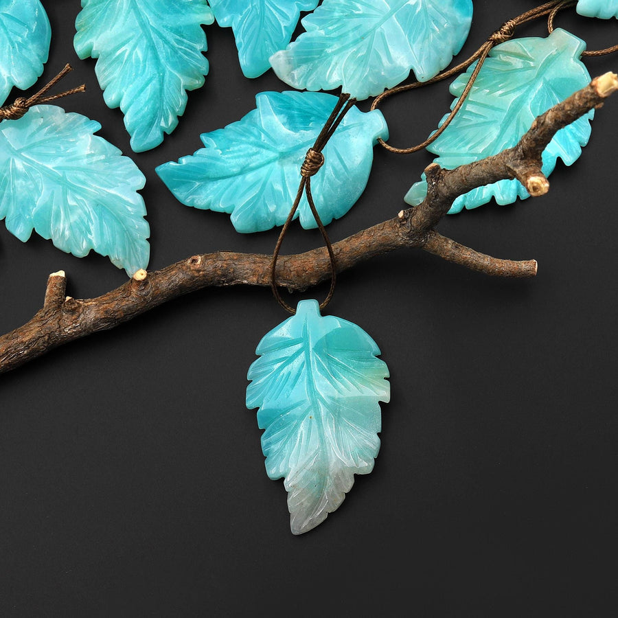 Hand Carved Natural Blue Amazonite Leaf Pendant Focal Gemstone Bead