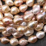 AAA Genuine Freshwater Ming Fireball Flameball Baroque Nucleated Pearl Metallic Golden Mauve Pink Peach Purple 16" Strand