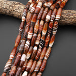 Natural Tibetan Red Striped Agate Long Thin Barrel Cylinder 30x10mm Beads 15.5" Strand