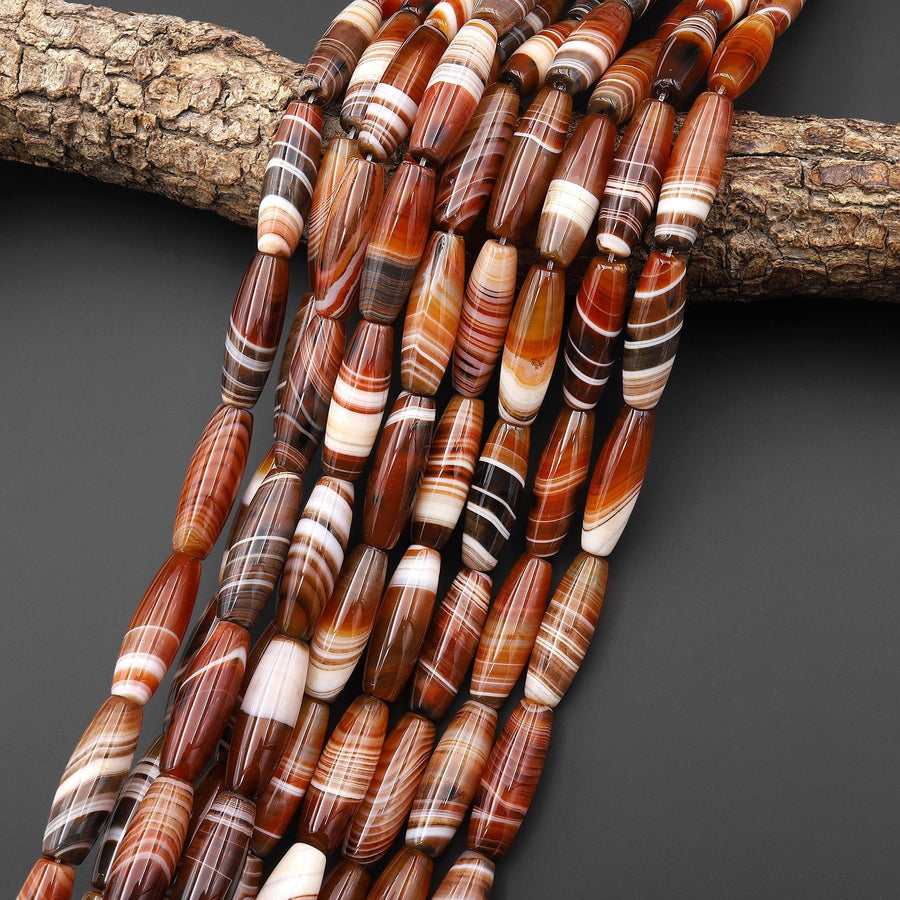 Natural Tibetan Red Striped Agate Long Thin Barrel Cylinder 30x10mm Beads 15.5" Strand