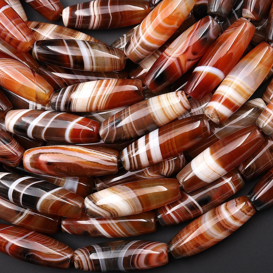 Natural Tibetan Red Striped Agate Long Thin Barrel Cylinder 30x10mm Beads 15.5" Strand