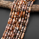 Natural Tibetan Reddish Brown Striped Agate Long Thin Barrel Cylinder 30x10mm Beads 15.5" Strand