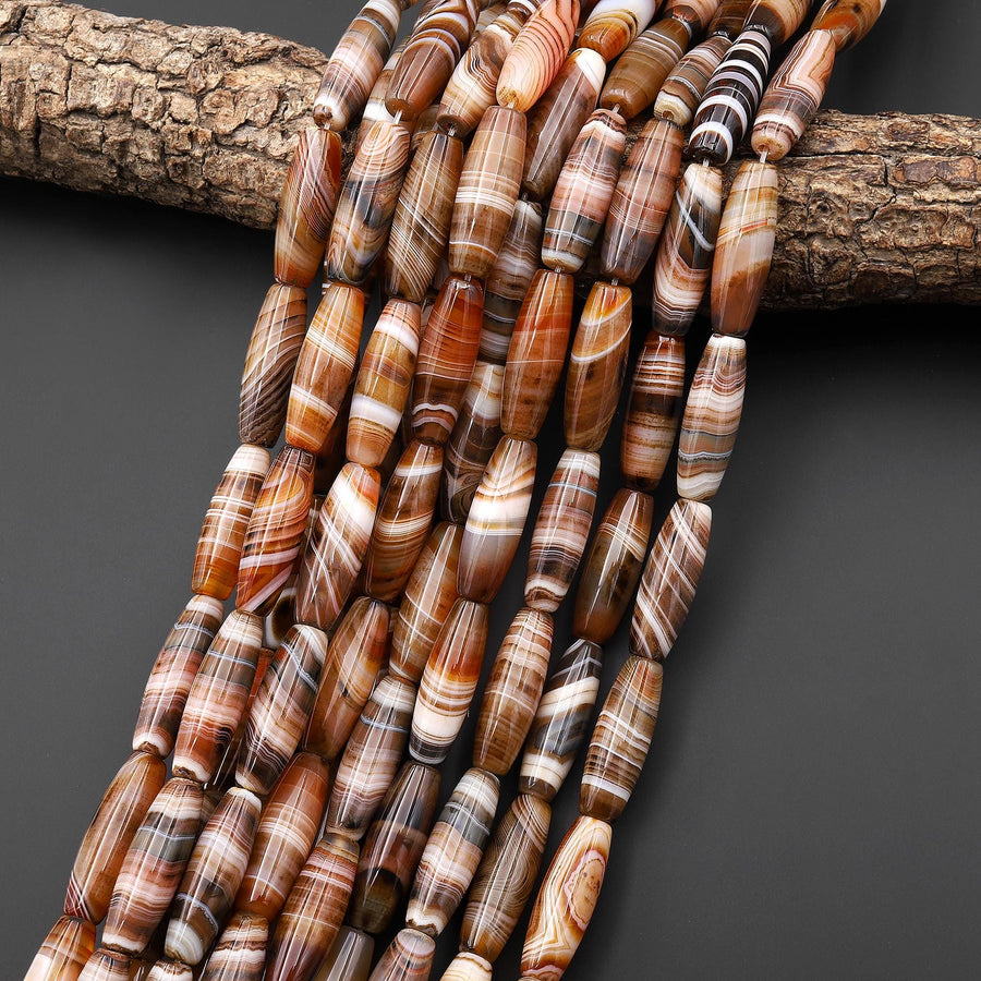 Natural Tibetan Reddish Brown Striped Agate Long Thin Barrel Cylinder 30x10mm Beads 15.5" Strand