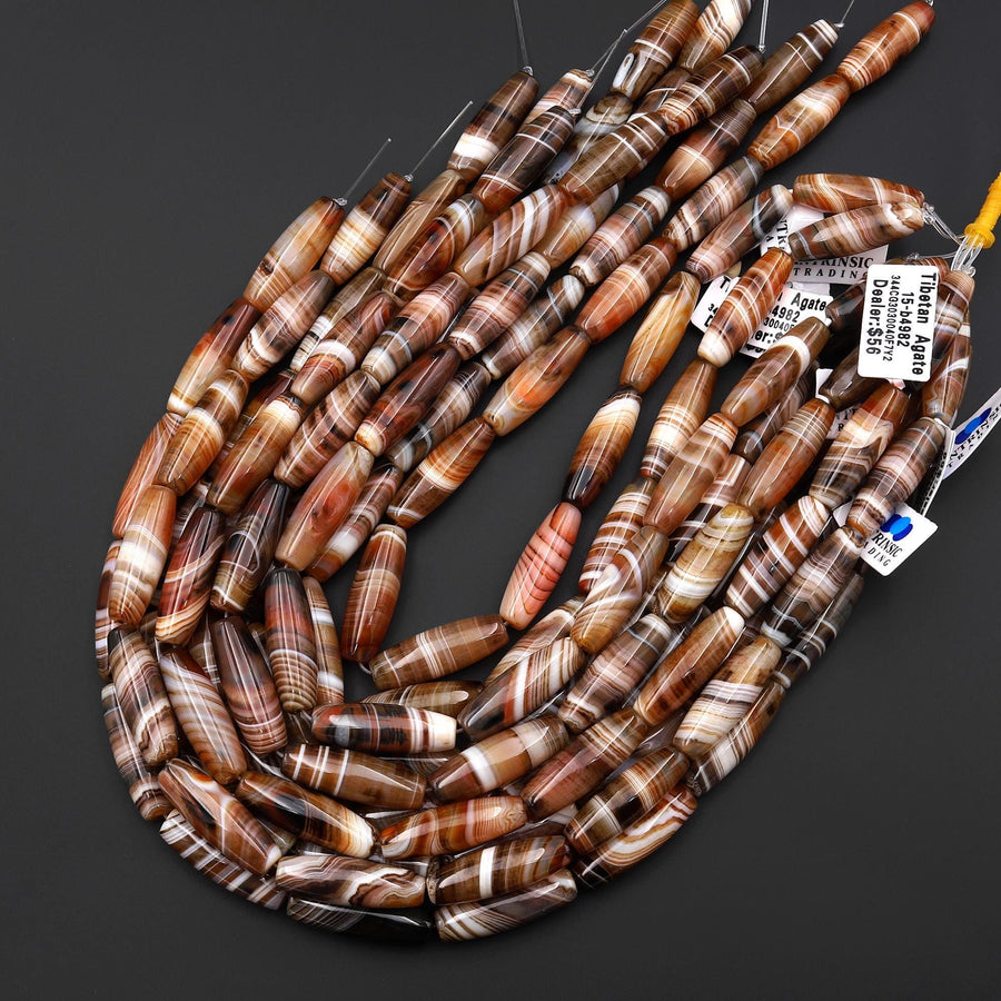 Natural Tibetan Reddish Brown Striped Agate Long Thin Barrel Cylinder 30x10mm Beads 15.5" Strand