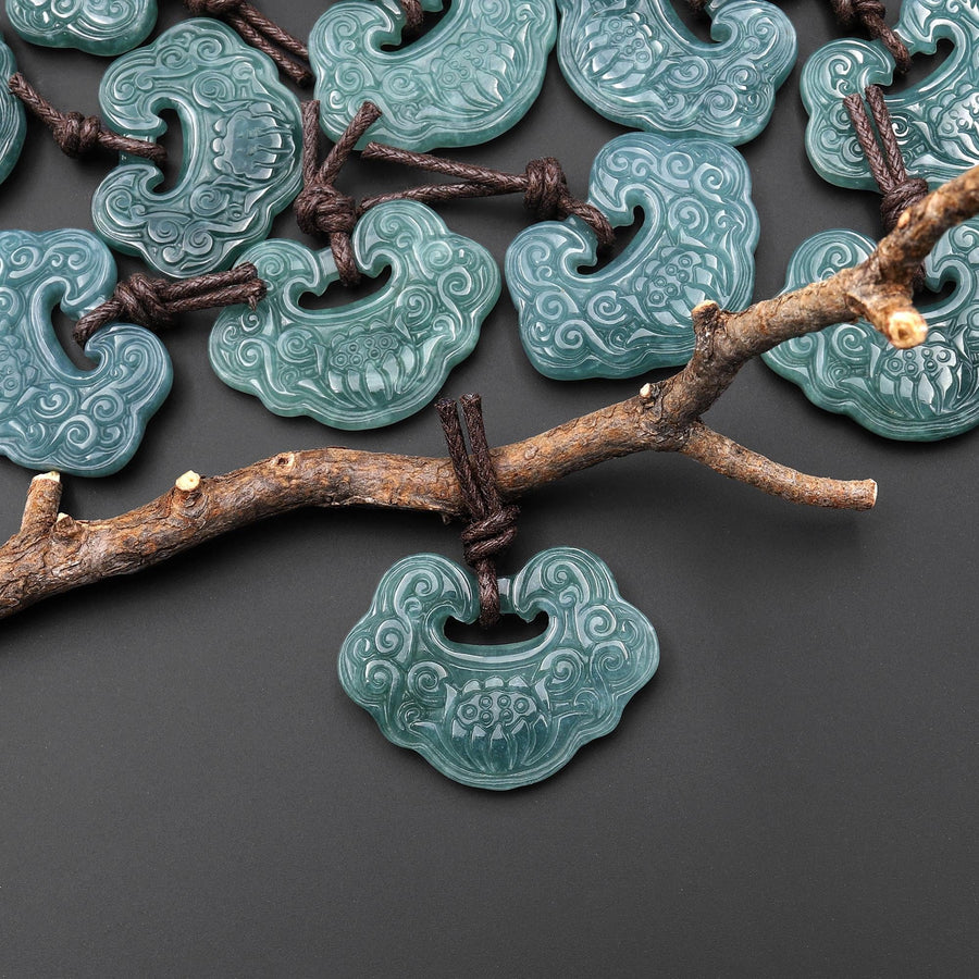 Hand Carved Natural Blue Green Guatemalan Jade Cloud of Fortune Locket Pendant