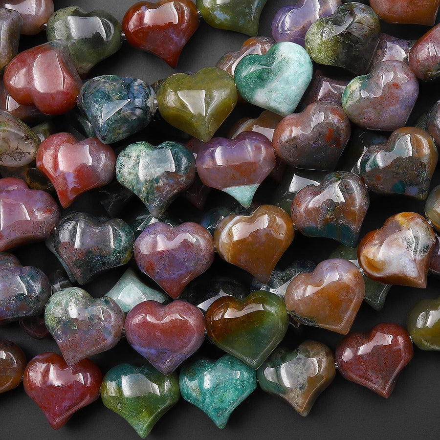 Natural Indian Agate Beads Gemstone Puffy Heart Horizontally Drilled 10mm 12mm 14mm 7.5" Strand