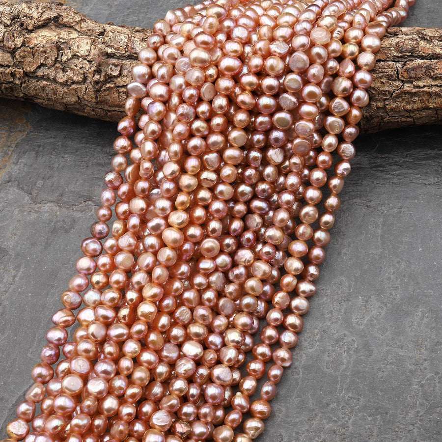 AAA Genuine Natural Metallic Pink Peach Freshwater Pearl 6mm Rounded Nugget Beads 14" Strand