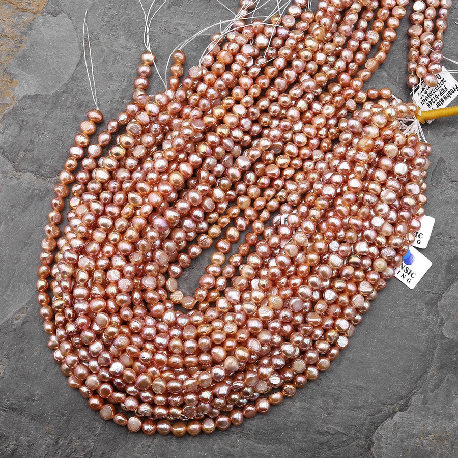 AAA Genuine Natural Metallic Pink Peach Freshwater Pearl 6mm Rounded Nugget Beads 14" Strand