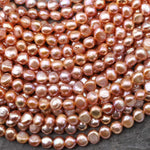 AAA Genuine Natural Metallic Pink Peach Freshwater Pearl 6mm Rounded Nugget Beads 14" Strand