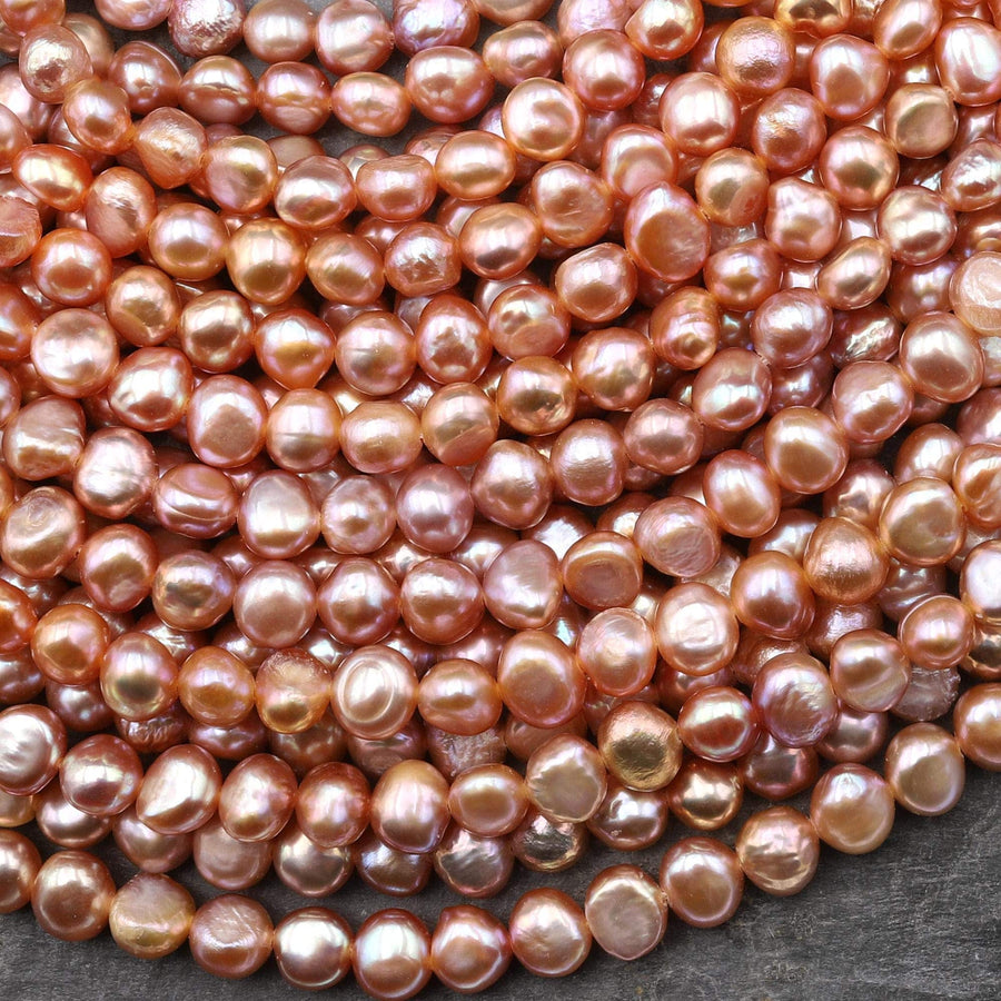AAA Genuine Natural Metallic Pink Peach Freshwater Pearl 6mm Rounded Nugget Beads 14" Strand