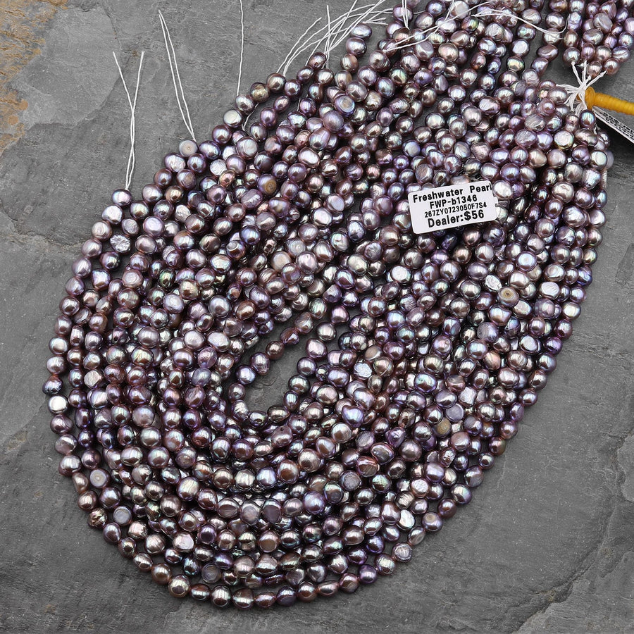 AAA Genuine Natural Metallic Silvery Gray Mauve Freshwater Pearl 6mm Rounded Nugget Beads 14" Strand