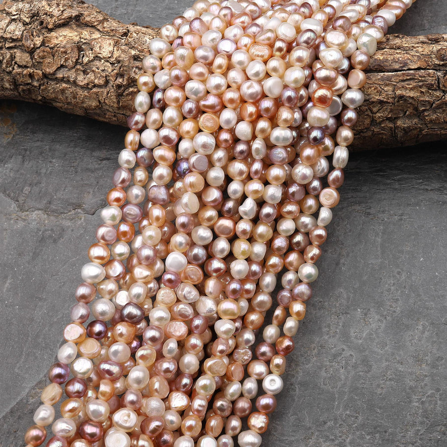 AAA Genuine Natural Metallic White Pink Peach Mauve Freshwater Pearl 6mm Rounded Nugget Beads 14" Strand