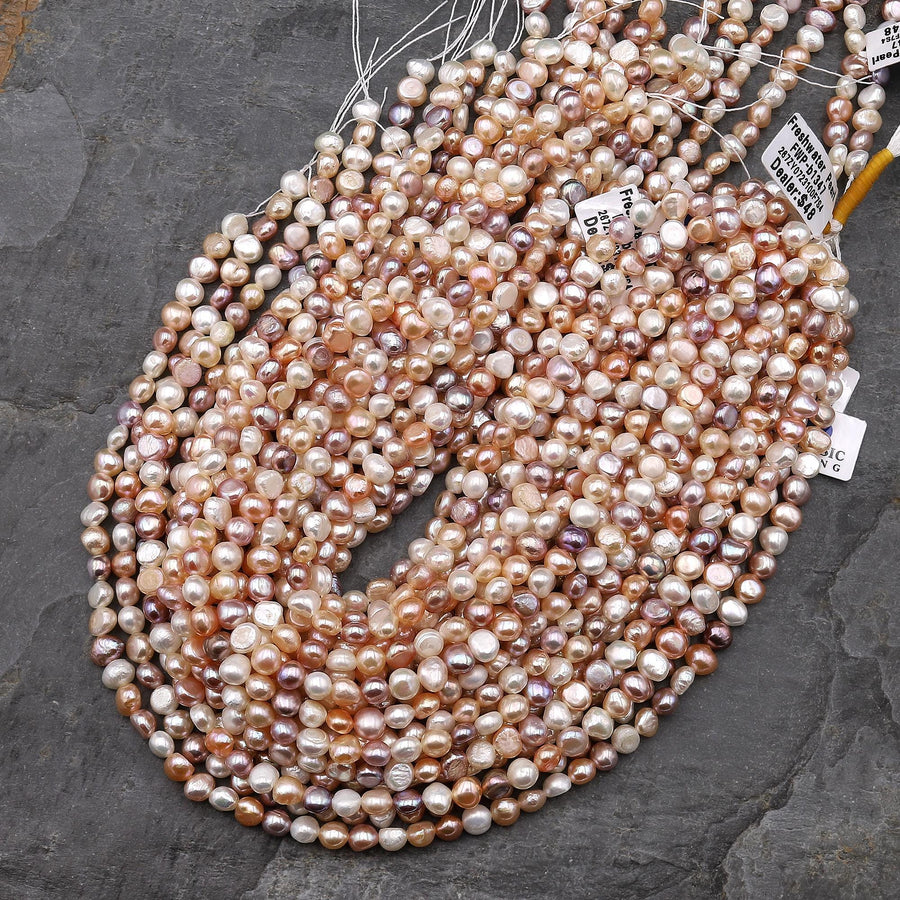 AAA Genuine Natural Metallic White Pink Peach Mauve Freshwater Pearl 6mm Rounded Nugget Beads 14" Strand