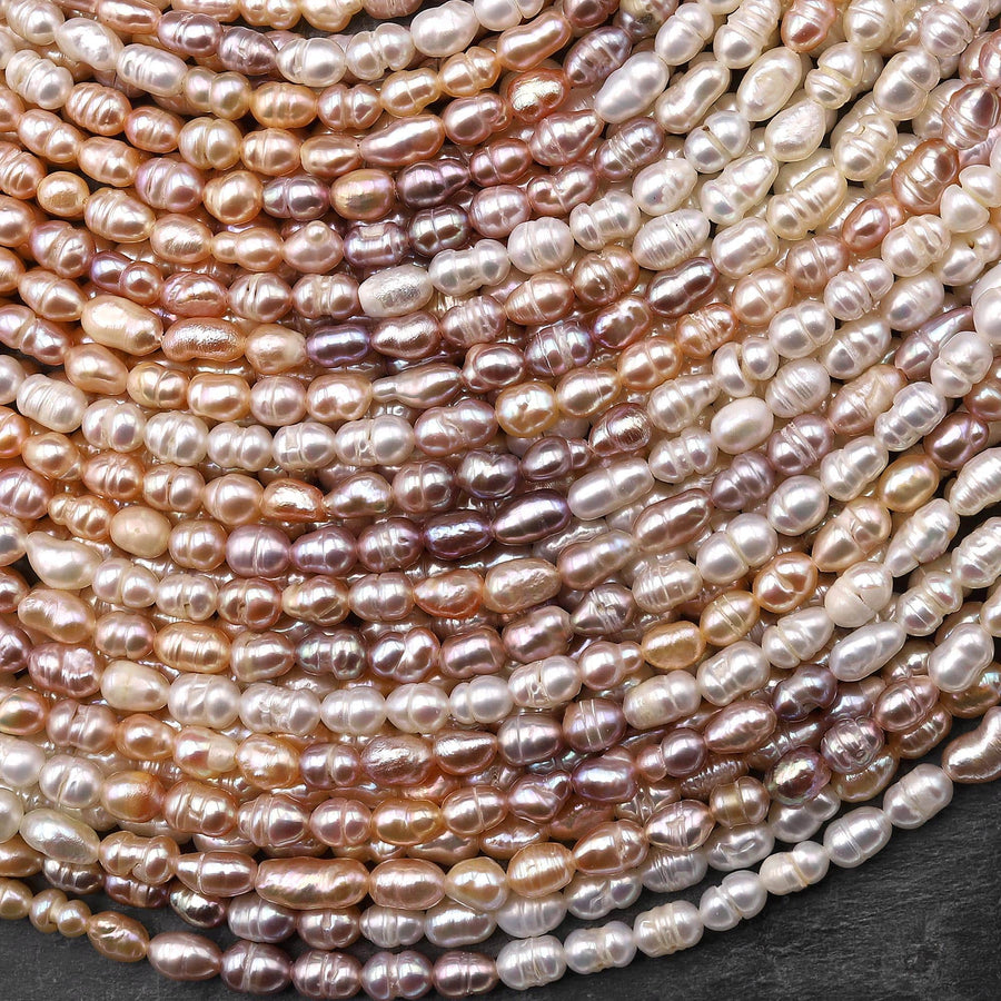 Genuine Natural White Peach Pink Mauve Purple Freshwater Pearl Potato Oval 3x4mm Ombre Shimmery Iridescent Classic Pearl 14" Strand