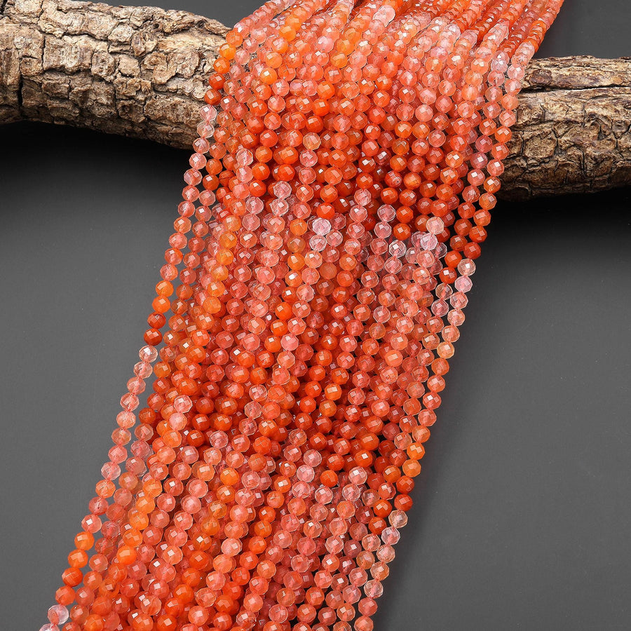 AAA Faceted Natural Fiery Orange Red Moroccan Agate 4mm Round Beads Ombre Gemstone 15.5" Strand