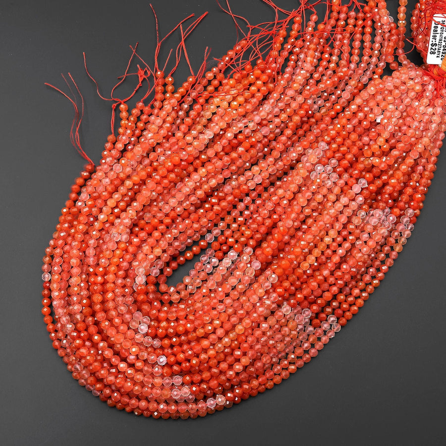 AAA Faceted Natural Fiery Orange Red Moroccan Agate 4mm Round Beads Ombre Gemstone 15.5" Strand