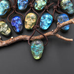 AAA Hand Carved Natural Labradorite Skull Side Drilled Gemstone Focal Bead 15x22mm