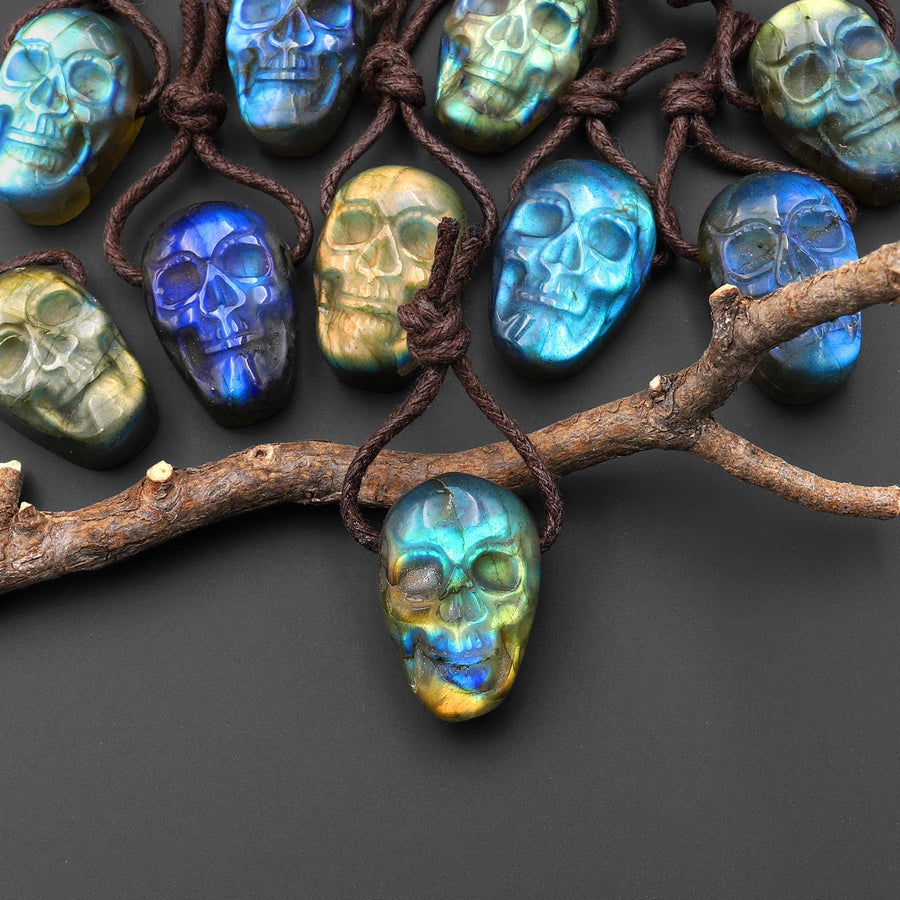 AAA Hand Carved Natural Labradorite Skull Side Drilled Gemstone Focal Bead 15x22mm A2