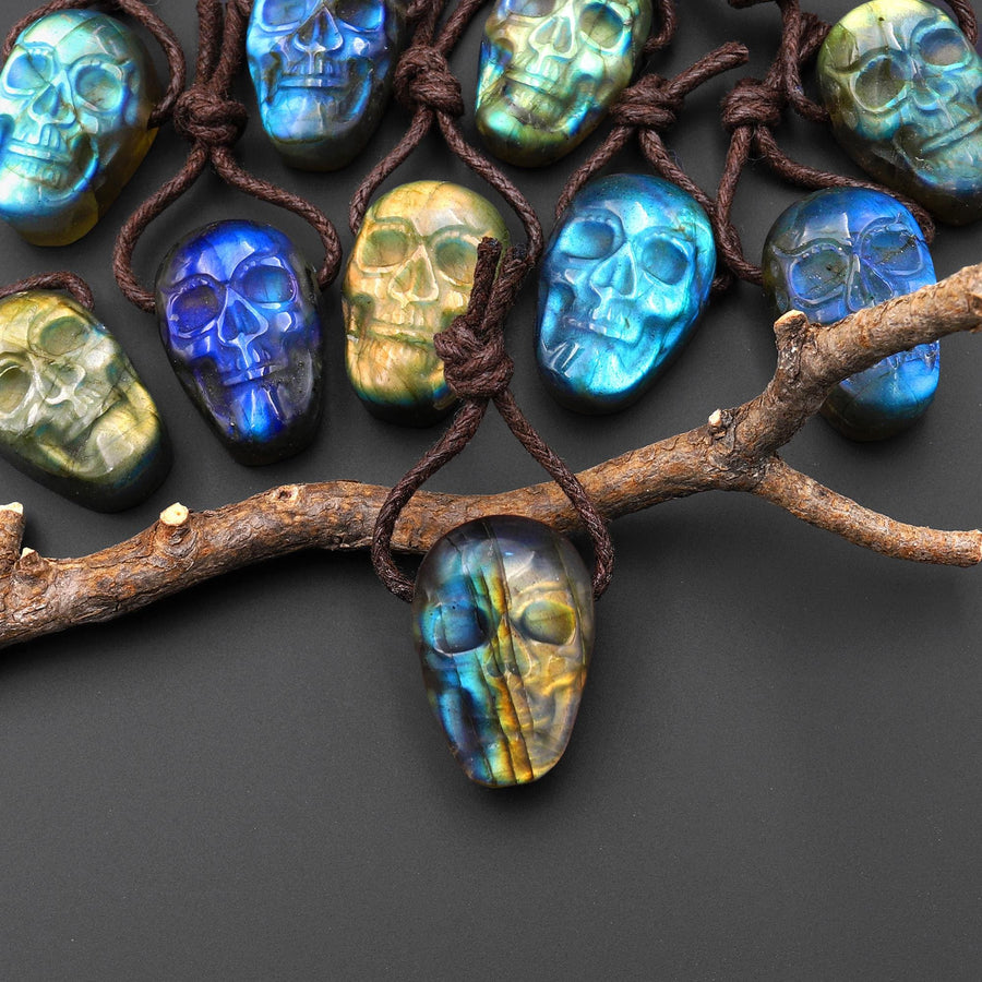 AAA Hand Carved Natural Labradorite Skull Side Drilled Gemstone Focal Bead 15x22mm A6