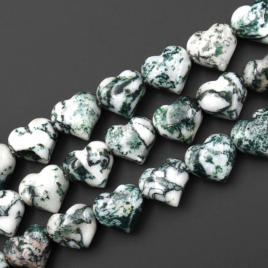 Natural Green Tree Agate Beads Gemstone Puffy Heart Horizontally Drilled 10mm 12mm 14mm 7.5" Strand