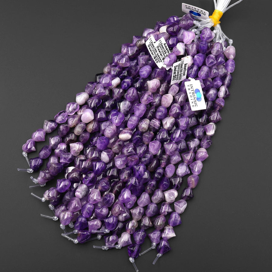 Natural Purple Amethyst Beads Gemstone Puffy Heart Horizontally Drilled 10mm 12mm 14mm 7.5" Strand
