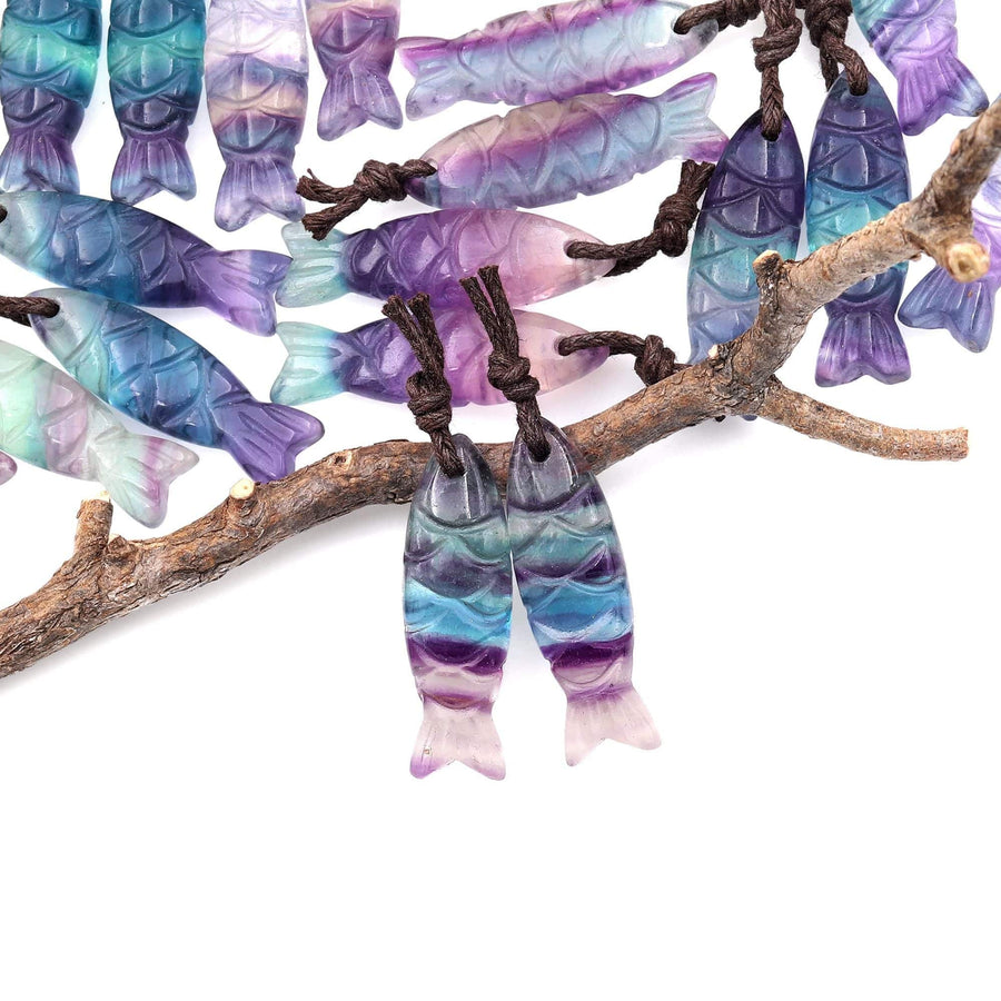 AAA Hand Carved Natural Fluorite Fish Earrings Matched Gemstone Bead Pair