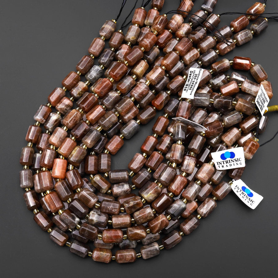 AAA Rare Natural Sunstone Moonstone Octagon Tube 15.5" Strand