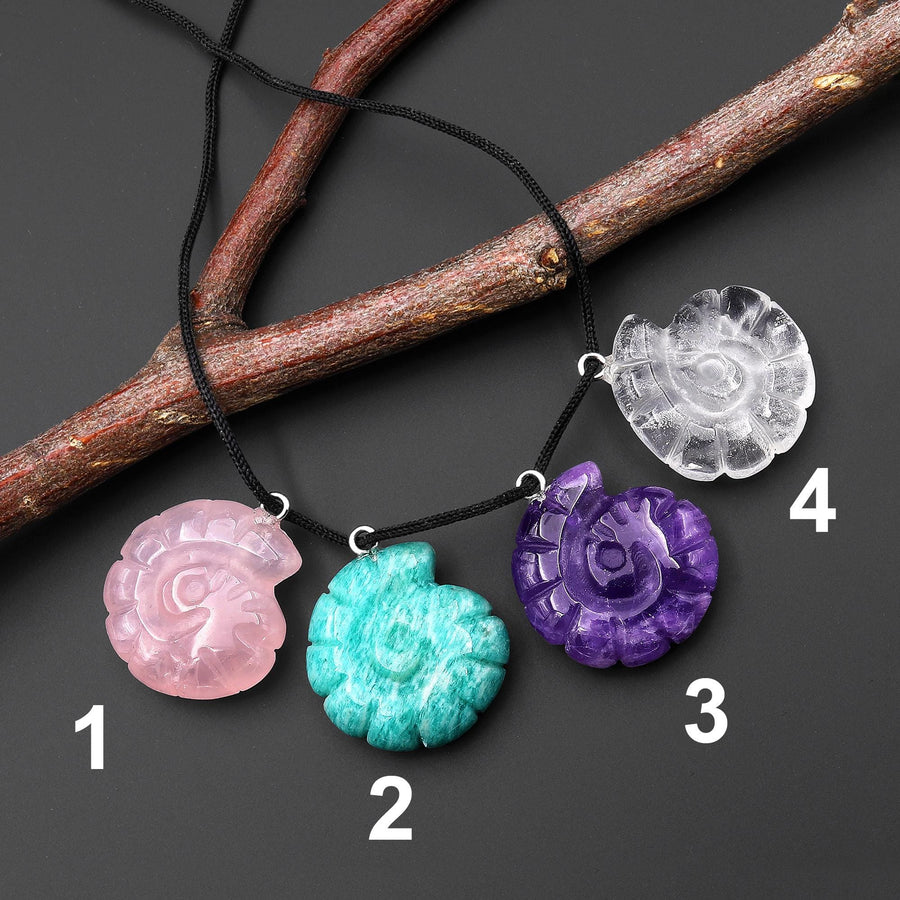 Set of 4 Pendants Hand Carved Natural Ammonite Gemstone Rose Quartz Peruvian Amazonite Rock Crystal Amethyst