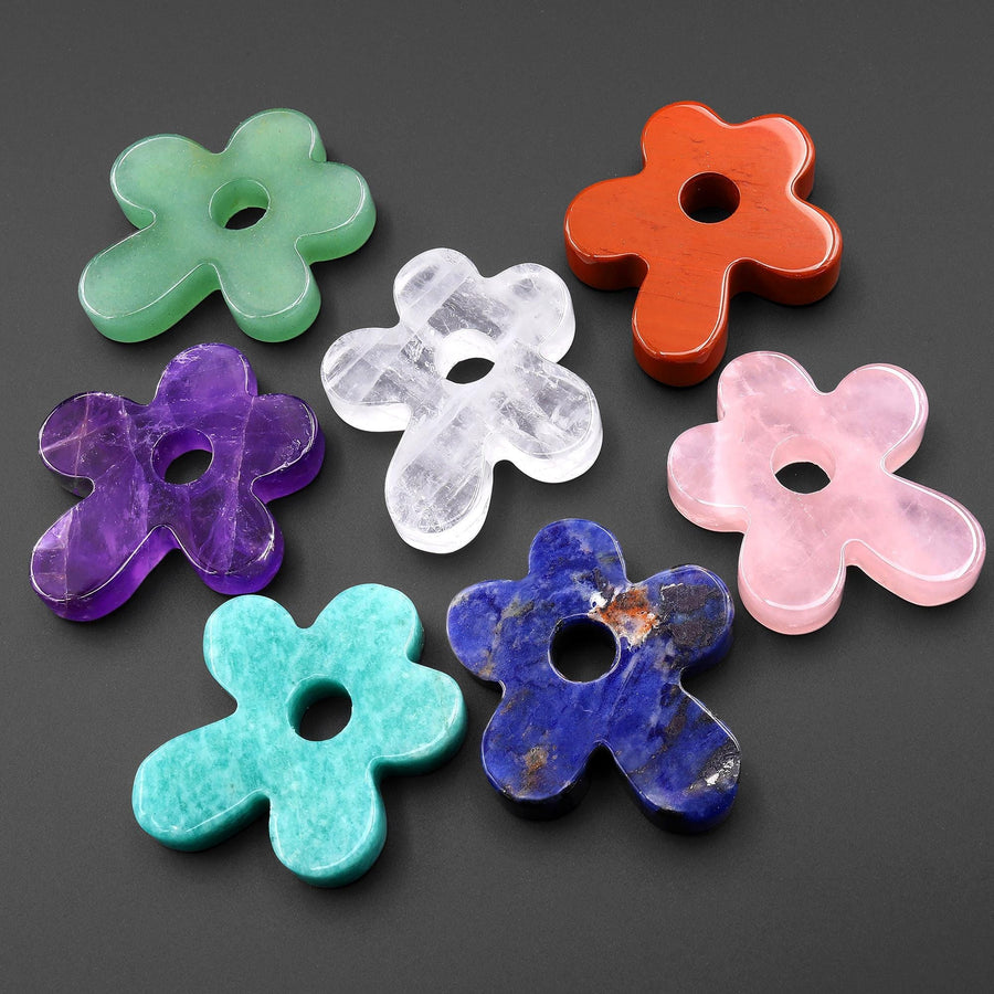 Set of 7 Lucky Flowers Carved Natural Cherry Blossom Pendant Bead Amethyst Aventurine Sodalite Rose Quartz Rock Crystal Red Jasper Amazonite