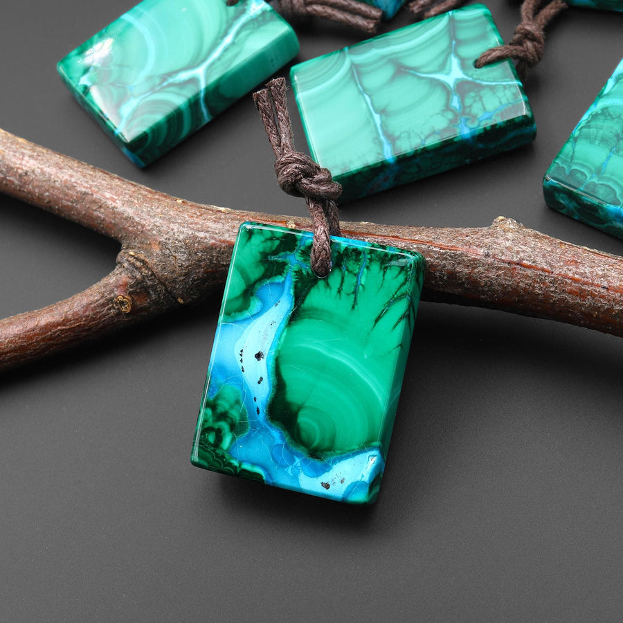 Extremely Rare Natural Blue Chrysocolla Green Malachite Rectangle Tile Pendant PDT0890