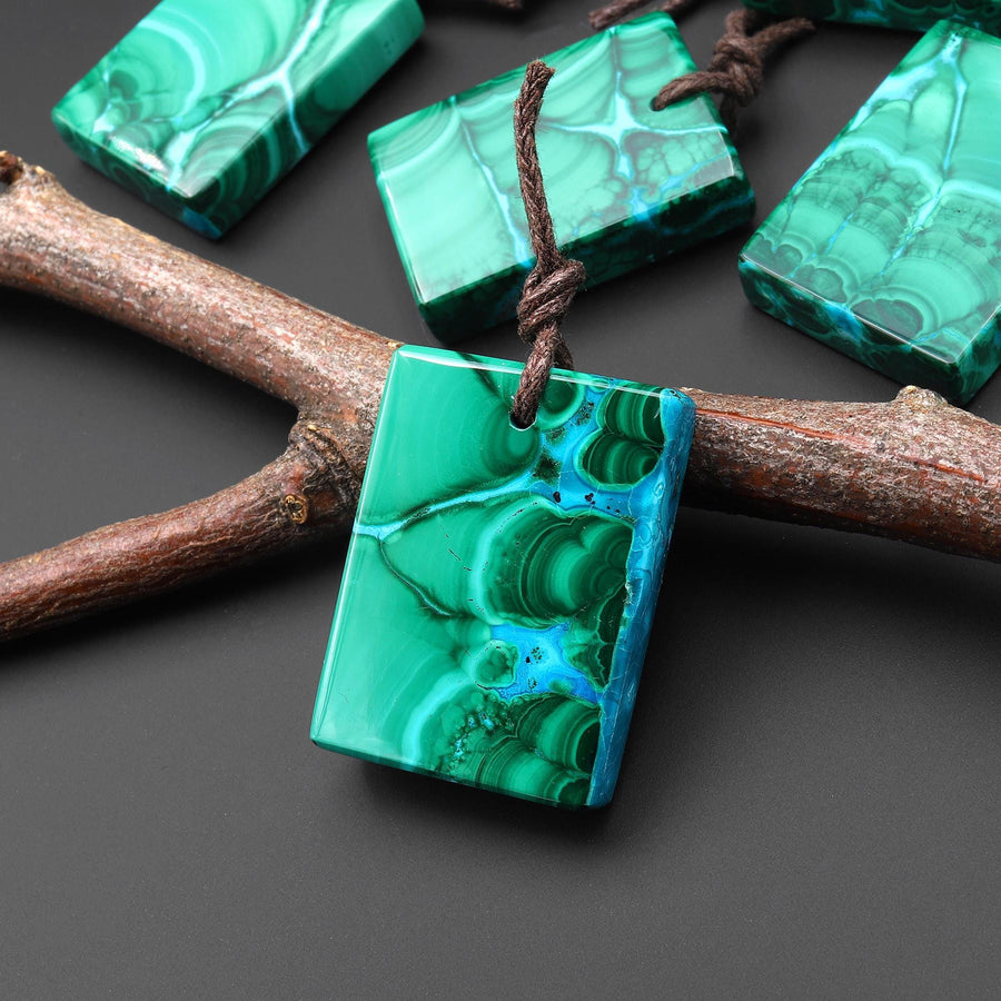 Extremely Rare Natural Blue Chrysocolla Green Malachite Rectangle Tile Pendant PDT0890