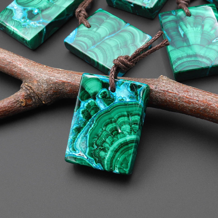 Extremely Rare Natural Blue Chrysocolla Green Malachite Rectangle Tile Pendant PDT0891